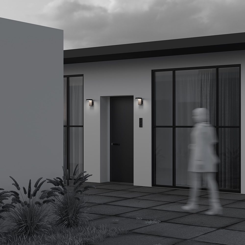 solar outdoor wall light with wood effect finish and motion sensor, modern exterior lighting