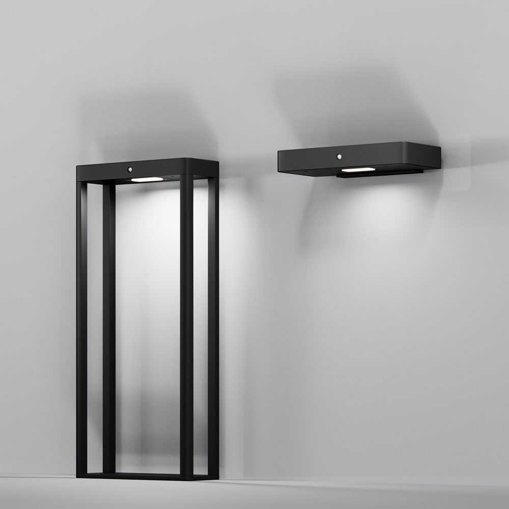 solar outdoor wall light with motion sensor in graphite finish, modern exterior lighting
