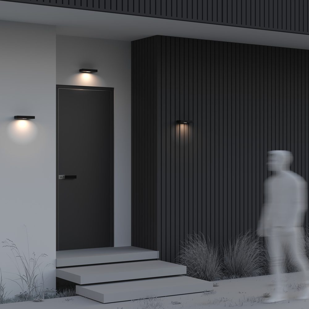 solar outdoor wall light with motion sensor in graphite finish, modern exterior lighting