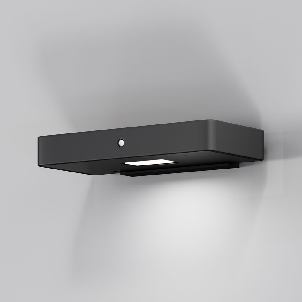 solar outdoor wall light with motion sensor in graphite finish, modern exterior lighting