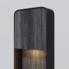 outdoor bollard light with black wood effect finish and downward beam, modern garden pathway lighting