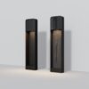 outdoor bollard light with black wood effect finish and downward beam, modern garden pathway lighting