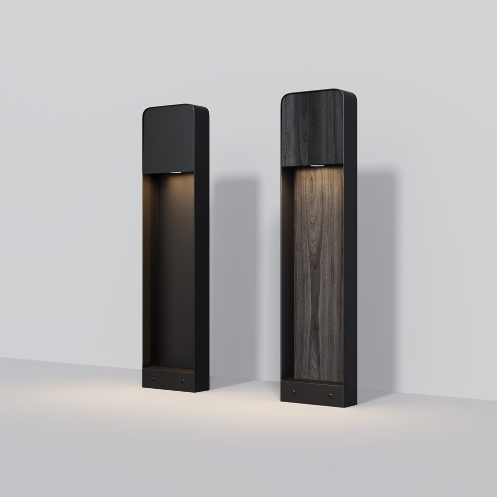 outdoor bollard light with black wood effect finish and downward beam, modern garden pathway lighting