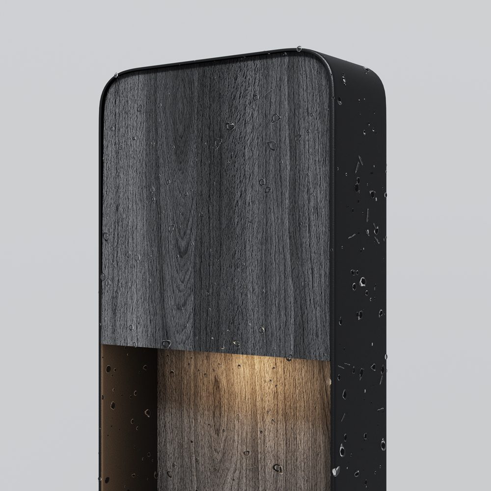 outdoor bollard light with black wood effect finish and downward beam, modern garden pathway lighting