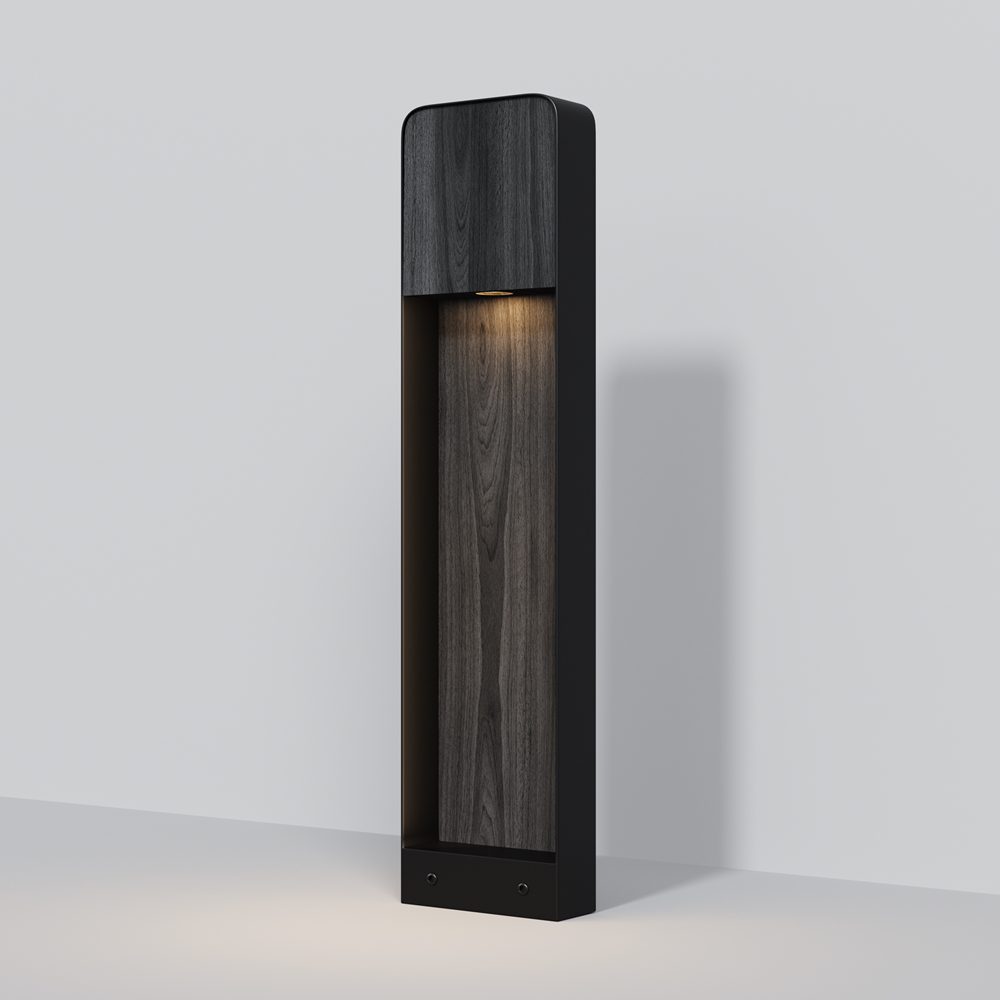 outdoor bollard light with black wood effect finish and downward beam, modern garden pathway lighting