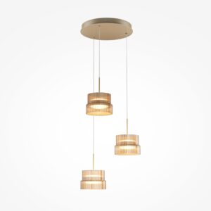 Scala trio pendant light with ribbed glass shades and brass finish, modern statement ceiling lighting