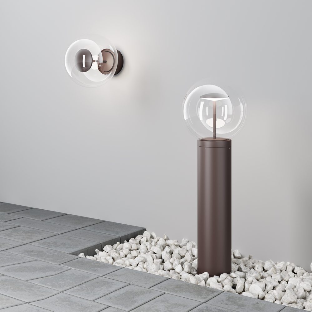 outdoor bollard light with clear glass globe and bronze finish, modern garden pathway lighting
