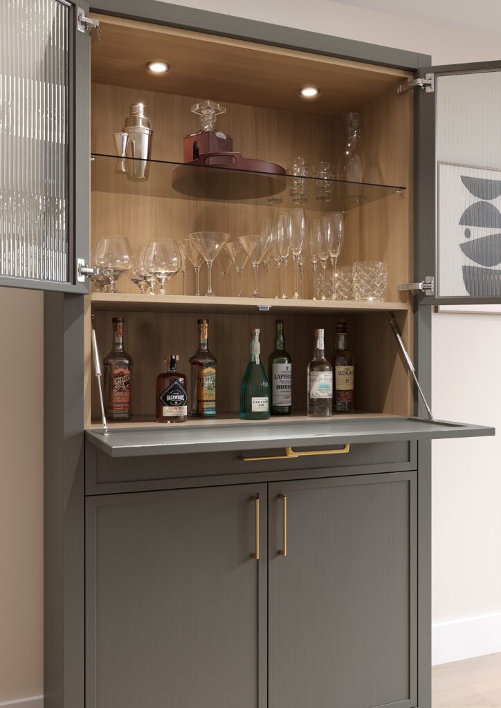 Bespoke warm grey shaker drinks cabinet with glass doors and internal lighting