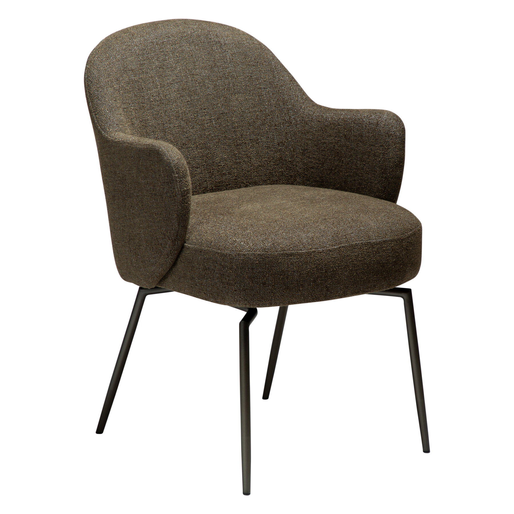 The bae swivell chair in dark olive boucle fabric with atique pewter legs