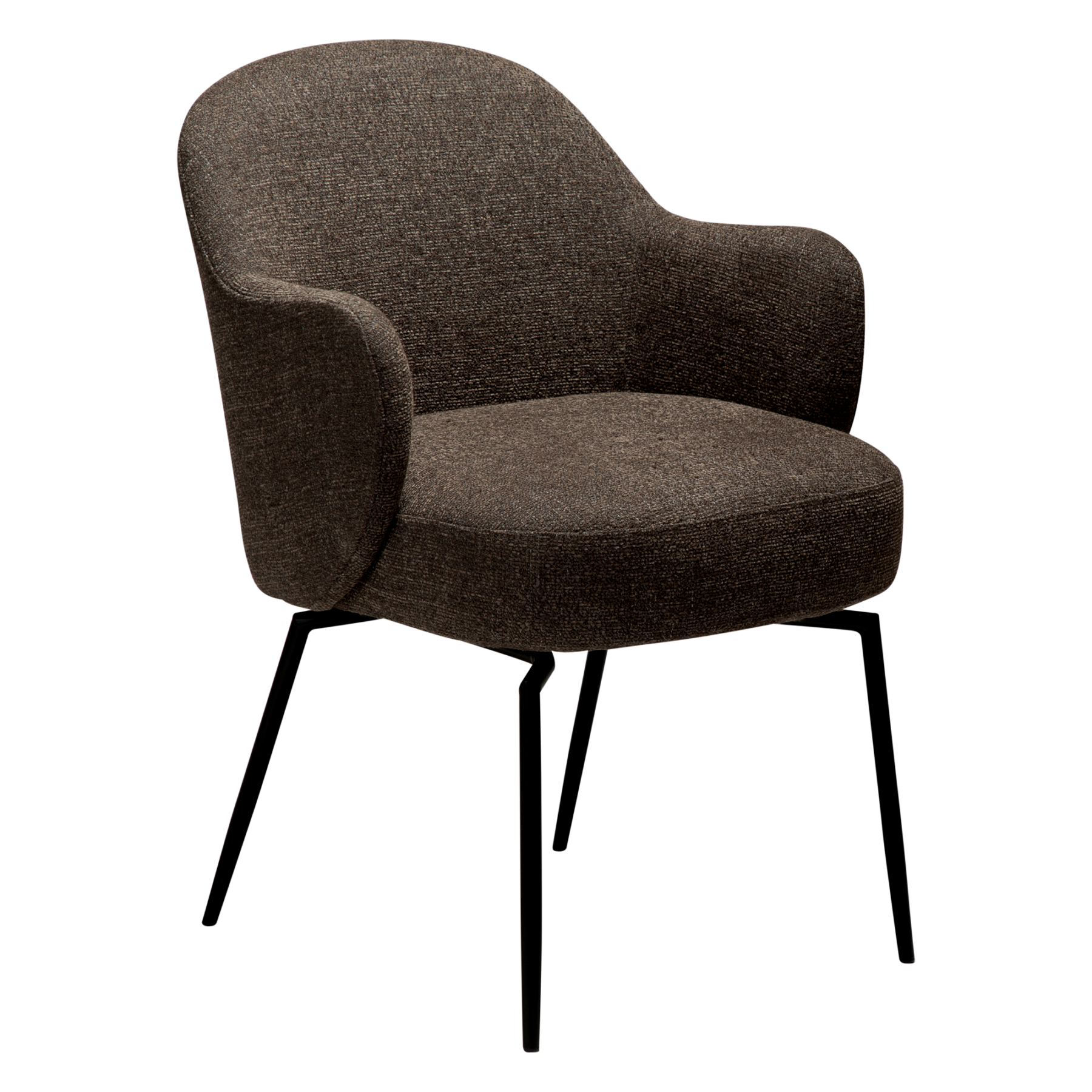 The Bae Swivel armchair with black met al legs in major brown boucle fabric
