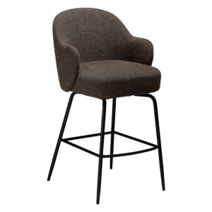 Side angle view of the Bae swivel counter stool in major brown boucle fabric with black swivel legs.
