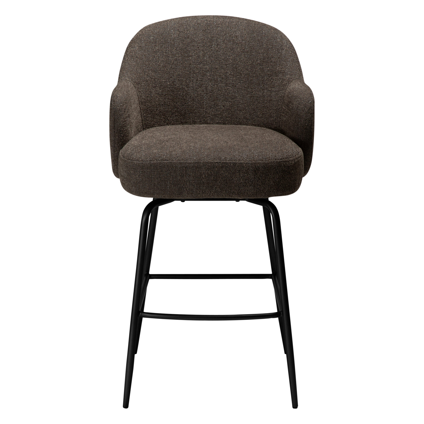 Front view of the Bae swivel counter stool in major brown boucle fabric with black swivel legs.