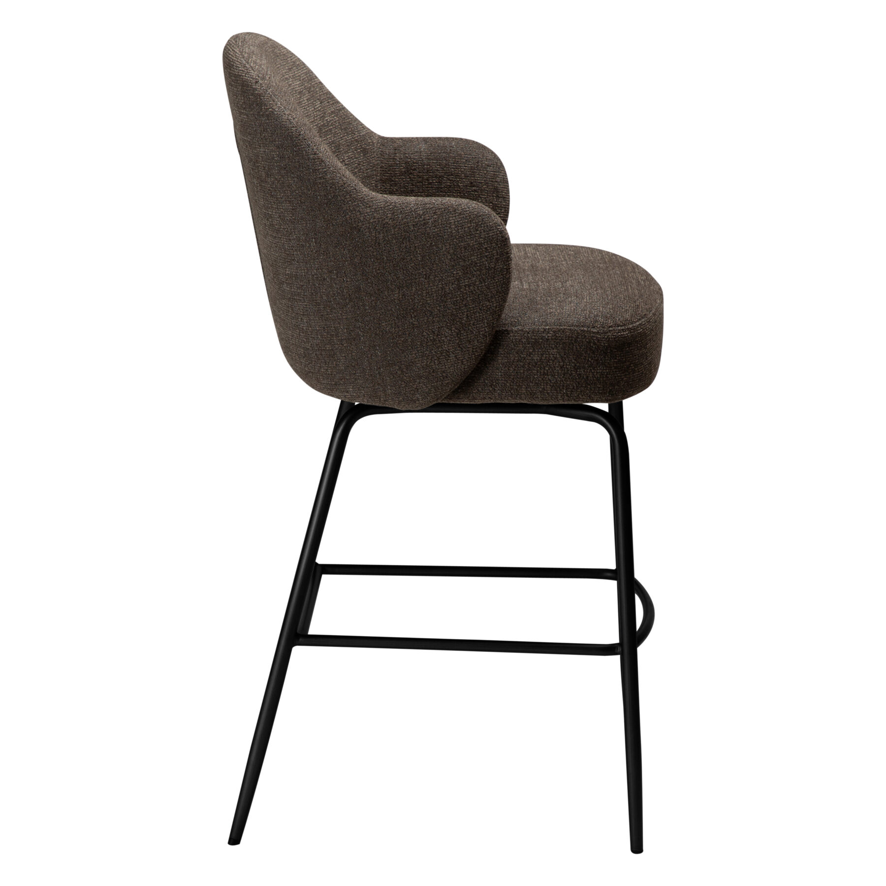 Side angle view of the Bae swivel counter stool in major brown boucle fabric with black swivel legs.