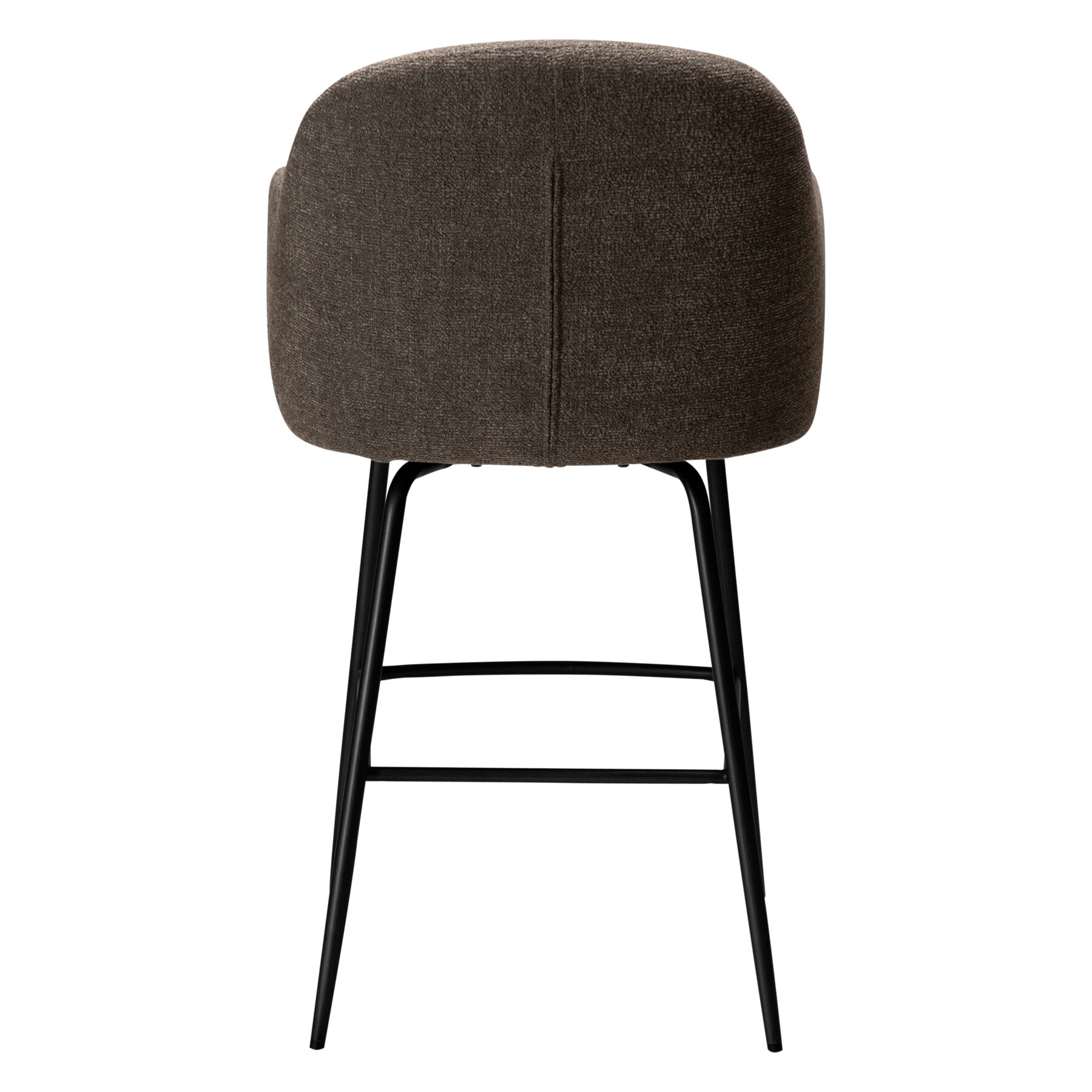 Rear view of the Bae swivel counter stool in major brown boucle fabric with black swivel legs.