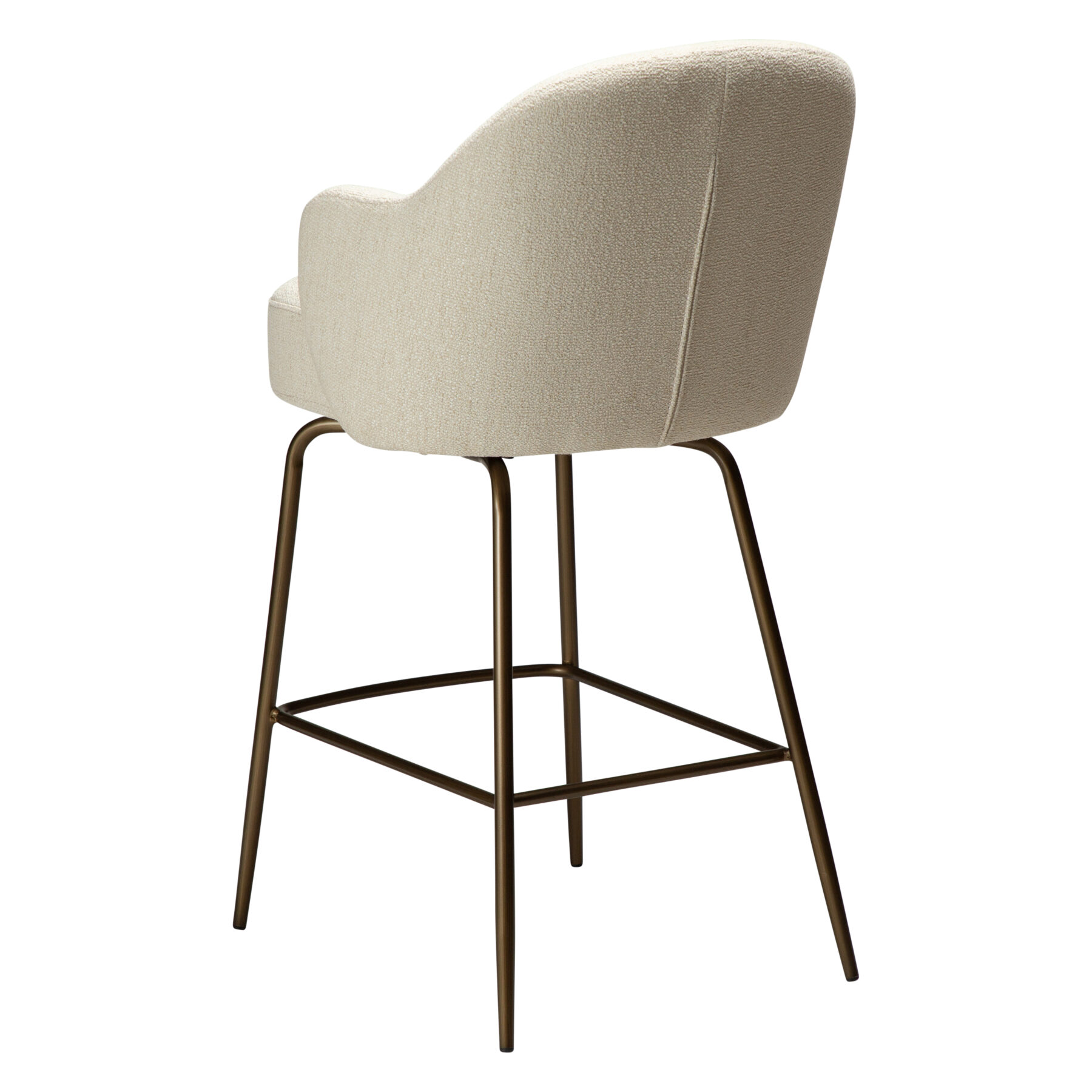 bae-swivel-counter-stool-simply-beige-bouclé-w-antique-brass-swivel-legs_300208343-05-back-angle Rear angle image of the bae swivel counter stool in simply beige boucle fabric with antique brass legs