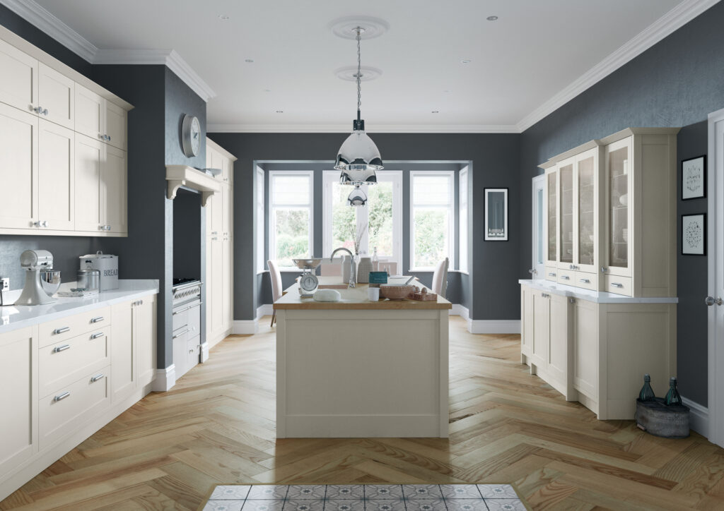 Porcelain shaker kitchen with large island, oak worktops and traditional fireplace.