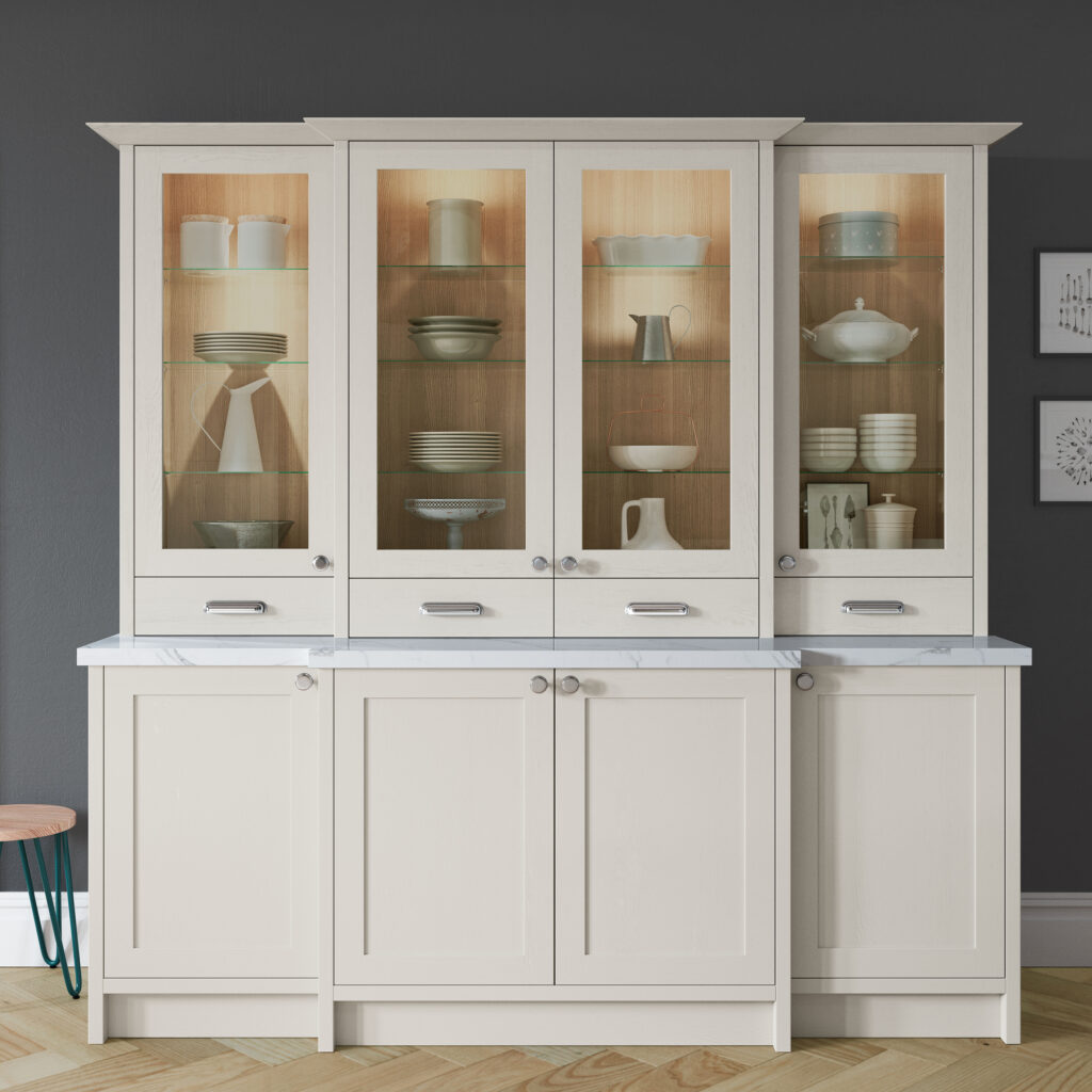 Porcelain shaker dresser unit with glazed display cabinets and integrated lighting.