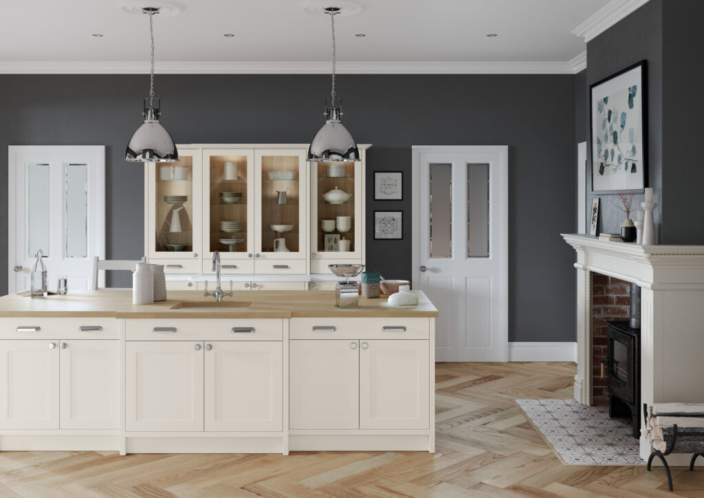 Traditional porcelain shaker kitchen with central island, oak worktops and charcoal feature walls.