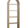 Tall walnut oak bookshelf with an arched top, open display shelves, and natural wood finish on a white background.