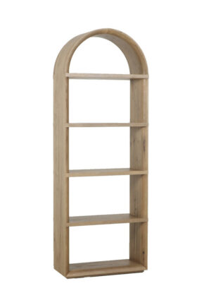 Tall walnut oak bookshelf with an arched top, open display shelves, and natural wood finish on a white background.