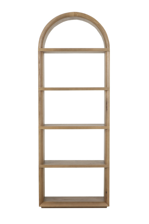 Tall walnut oak bookshelf with an arched top, open display shelves, and natural wood finish on a white background.