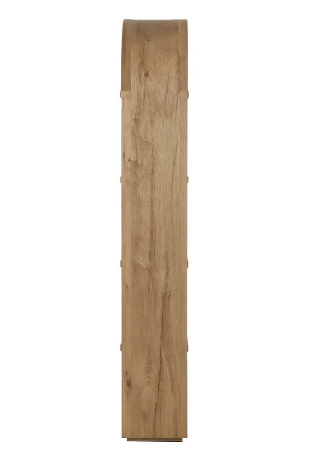 Tall walnut oak bookshelf with an arched top, open display shelves, and natural wood finish on a white background.