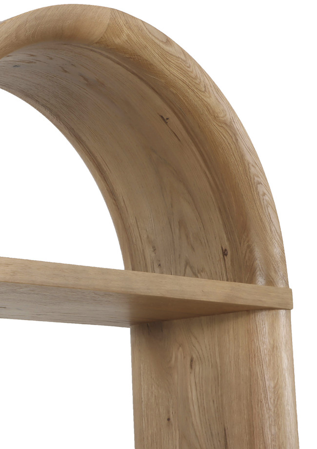 Tall walnut oak bookshelf with an arched top, open display shelves, and natural wood finish on a white background.