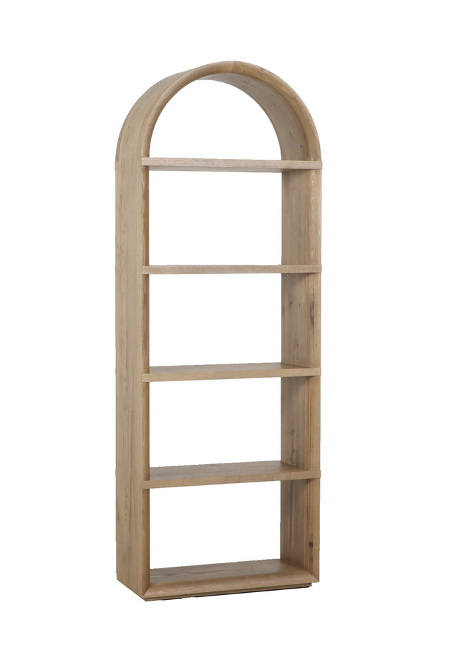 Tall walnut oak bookshelf with an arched top, open display shelves, and natural wood finish on a white background.