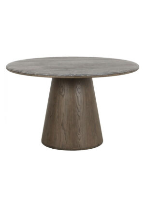 Canopus walnut oak round dining table with a central pedestal base, visible wood grain detail, and warm natural finish on a white background