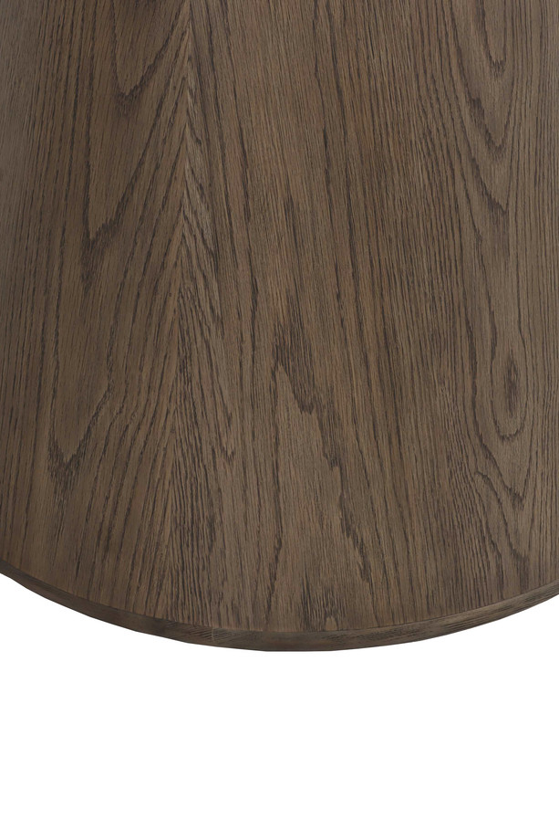 Canopus walnut oak round dining table with a central pedestal base, visible wood grain detail, and warm natural finish on a white background