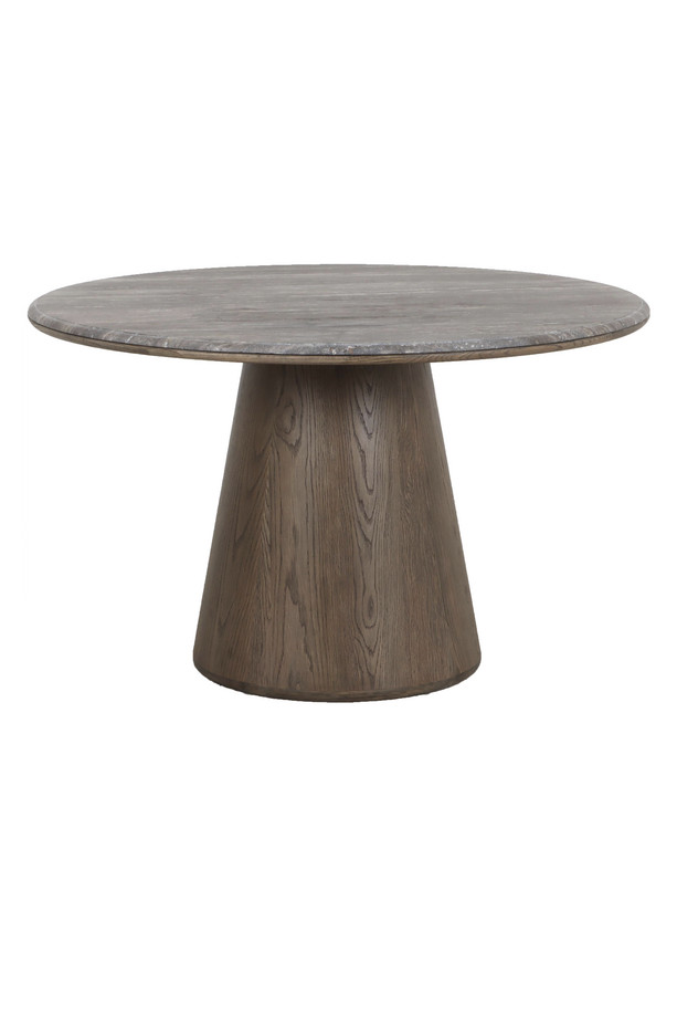 Canopus walnut oak round dining table with a central pedestal base, visible wood grain detail, and warm natural finish on a white background