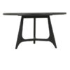 Diros black round dining table with a sculptural open base, visible wood grain detail, and modern dark finish on a white background.