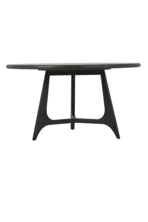 Diros black round dining table with a sculptural open base, visible wood grain detail, and modern dark finish on a white background.
