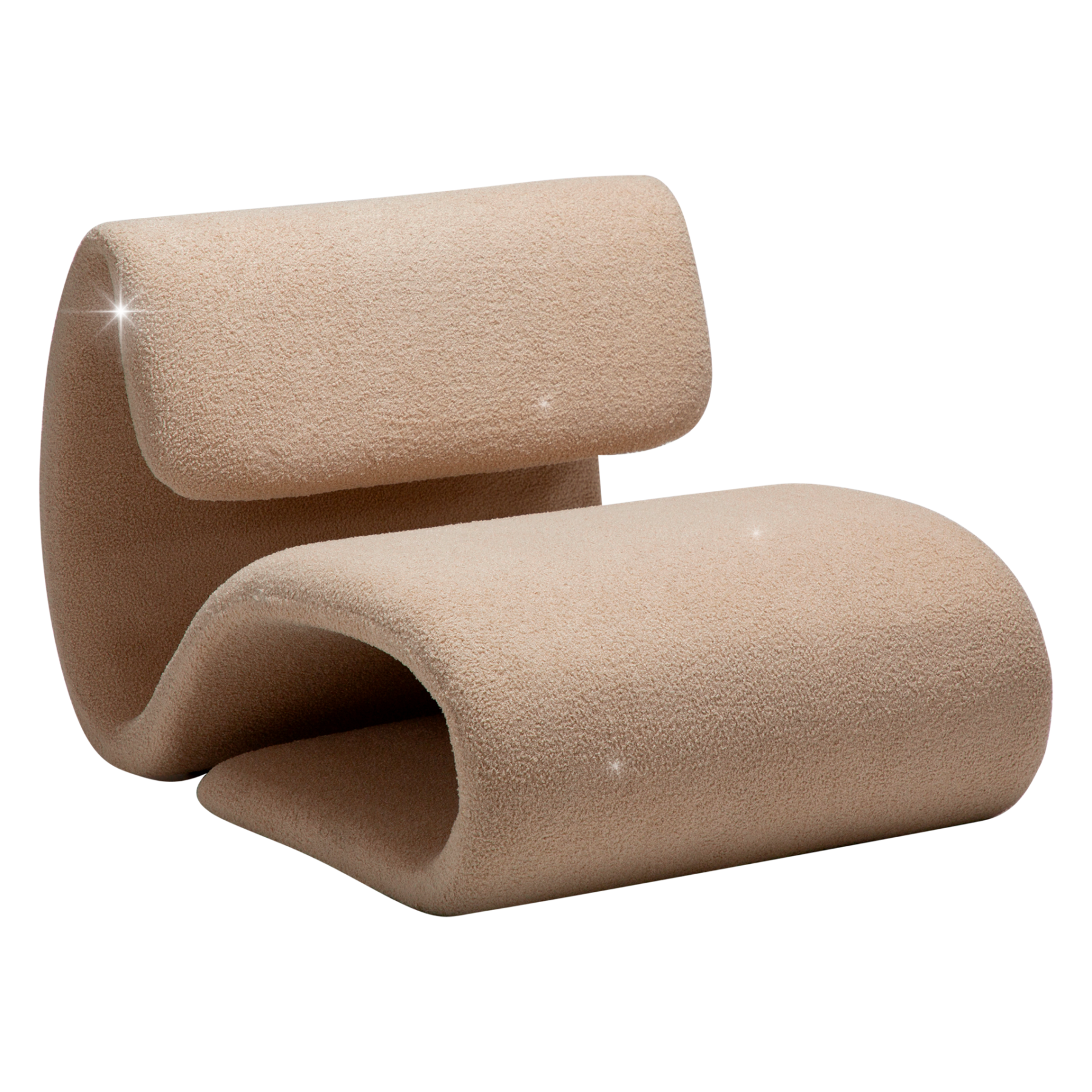 DUBNA lounge chair upholstered in Frosted Almond bouclé fabric with a sculptural curved design for contemporary living spaces.