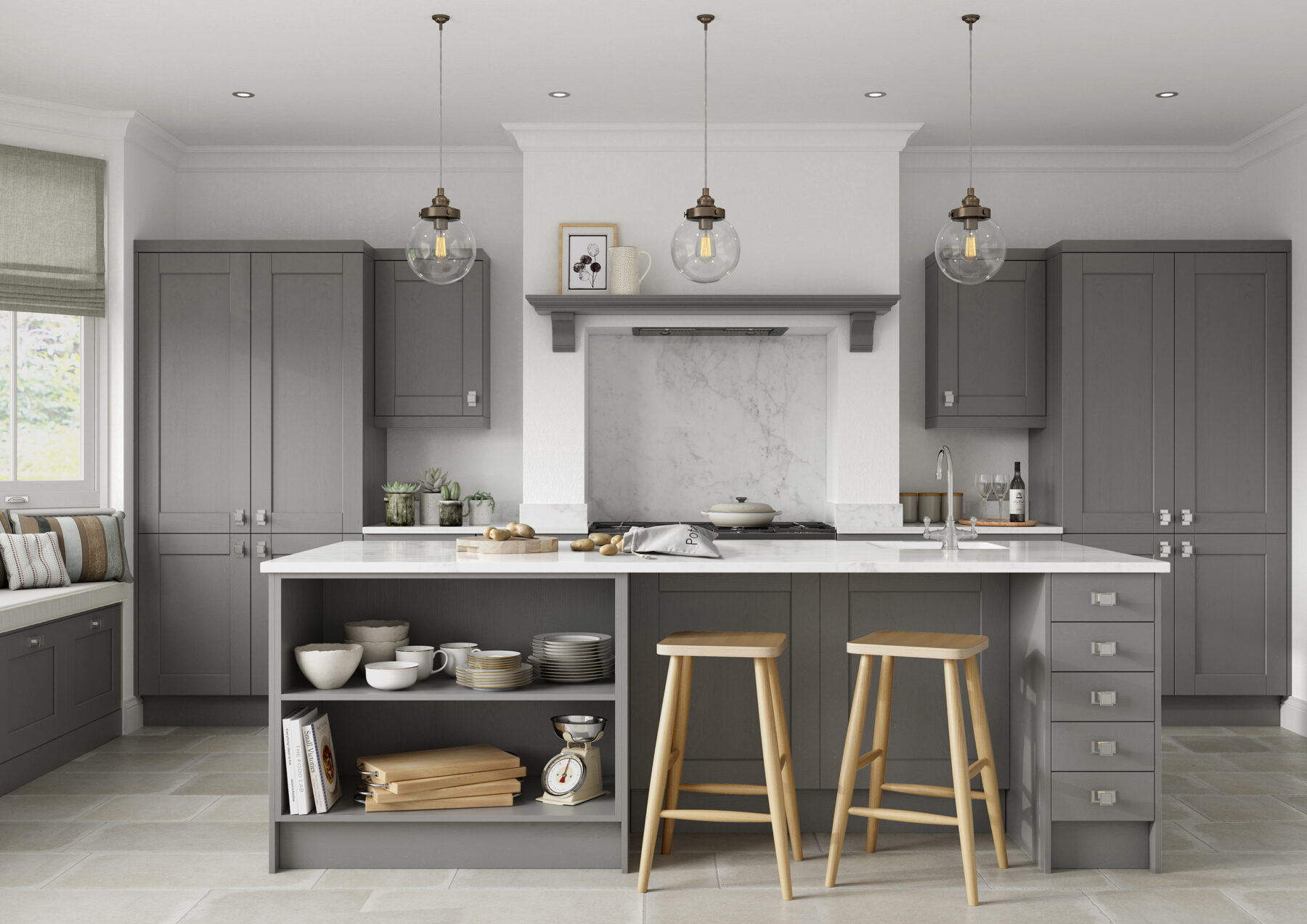 Traditional dust grey shaker kitchen with large island, breakfast seating, marble-effect worktops and pendant lighting.