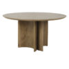 egio-natural-oak-round-dining-table Egio natural oak round dining table with a warm oak finish, round tabletop, sculptural panel base, and visible wood grain on a white background.