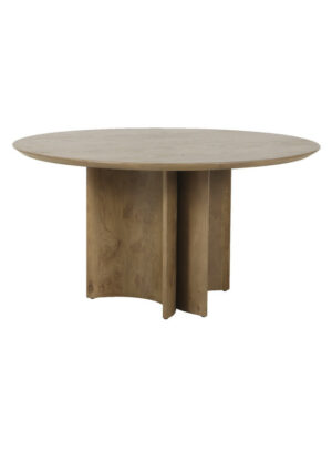 Egio natural oak round dining table with a warm oak finish, round tabletop, sculptural panel base, and visible wood grain on a white background.