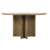 egio-natural-oak-round-dining-table-side Egio natural oak round dining table with a warm oak finish, round tabletop, sculptural panel base, and visible wood grain on a white background.