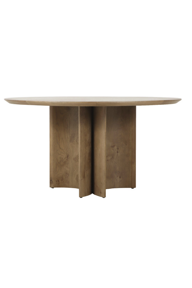 egio-natural-oak-round-dining-table-side Egio natural oak round dining table with a warm oak finish, round tabletop, sculptural panel base, and visible wood grain on a white background.