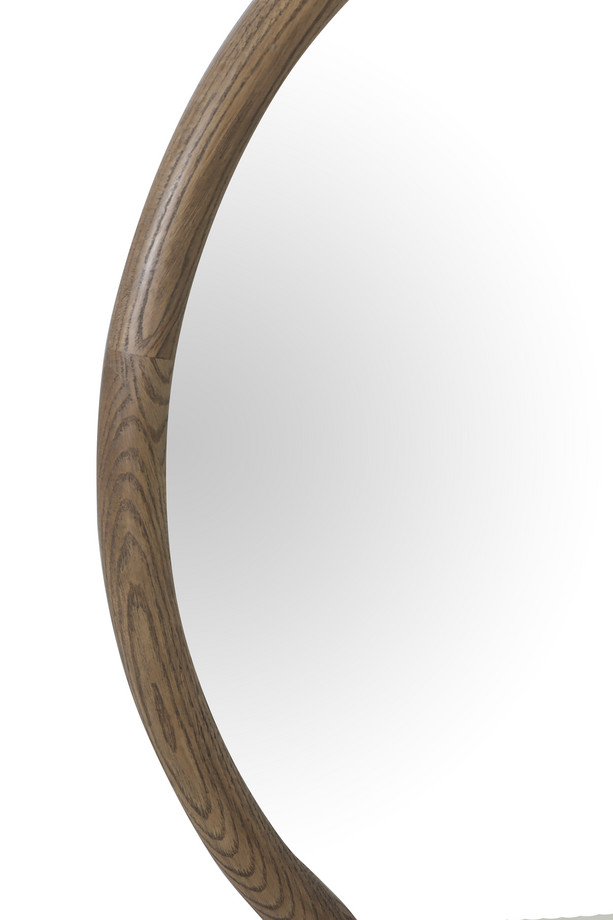 elara-small-round-oak-mirror-frame Elara small round mirror with a warm oak-coloured wooden frame and natural wood grain detail on a white background.