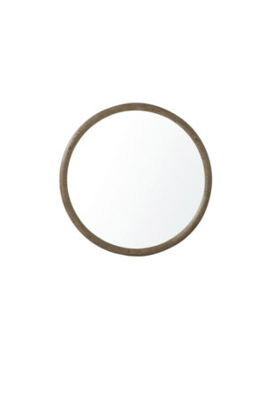 Elara small round mirror with a warm oak-coloured wooden frame and natural wood grain detail on a white background.