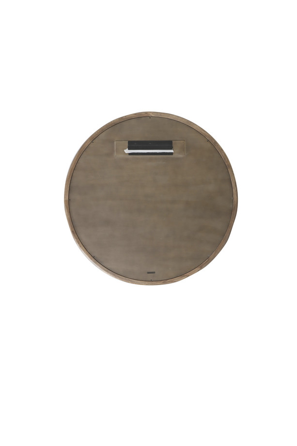 elara-smll-round-oak-mirror-back Elara small round mirror with a warm oak-coloured wooden frame and natural wood grain detail on a white background.