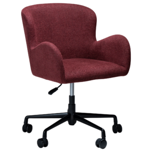 GLAM office armchair upholstered in Merlot fabric with a height-adjustable swivel base, castors, and sculptural curved design.