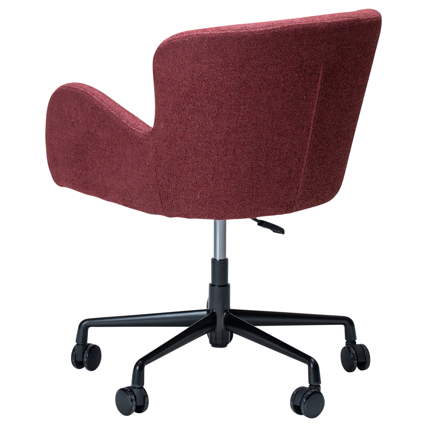 GLAM office armchair upholstered in Merlot fabric with a height-adjustable swivel base, castors, and sculptural curved design.