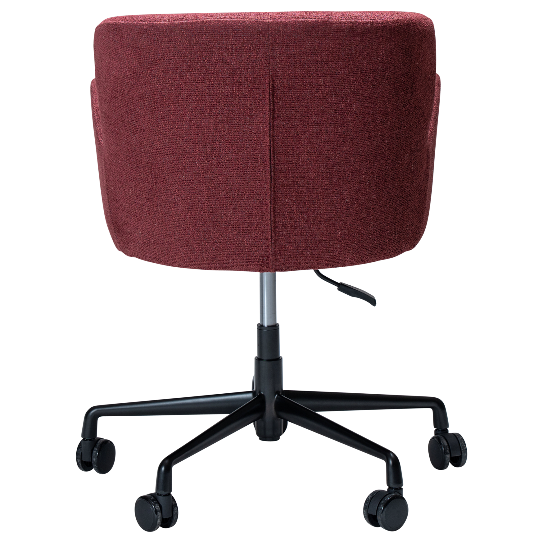 GLAM office armchair upholstered in Merlot fabric with a height-adjustable swivel base, castors, and sculptural curved design.
