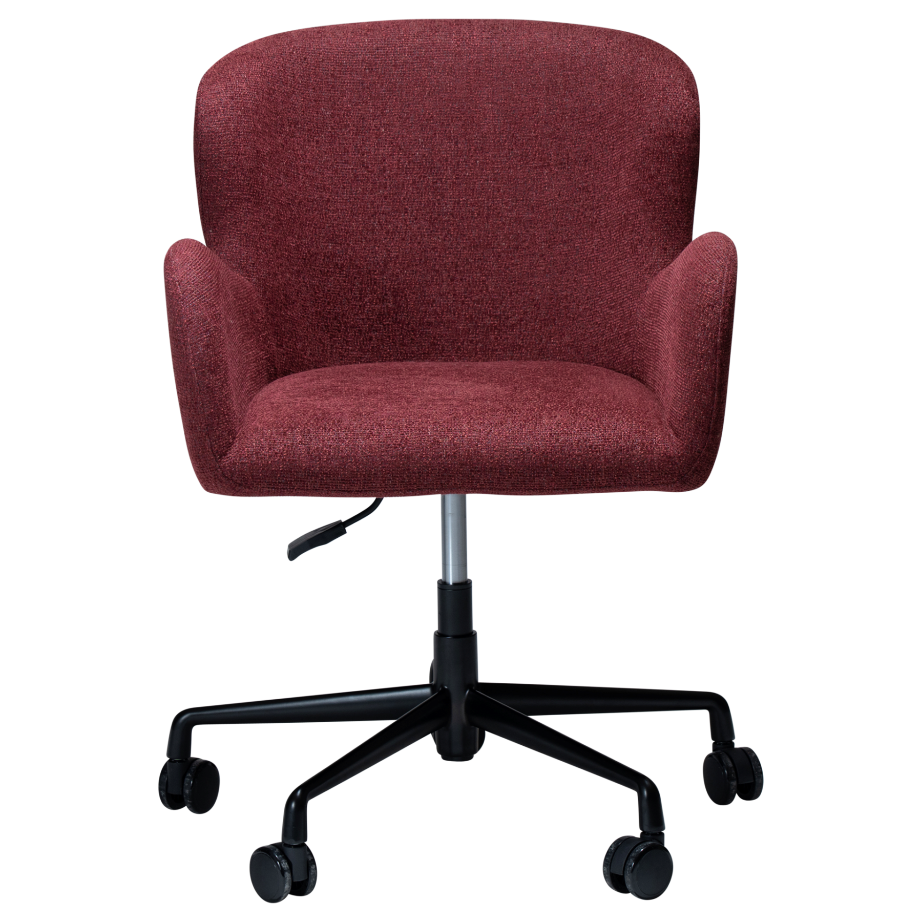 GLAM office armchair upholstered in Merlot fabric with a height-adjustable swivel base, castors, and sculptural curved design.