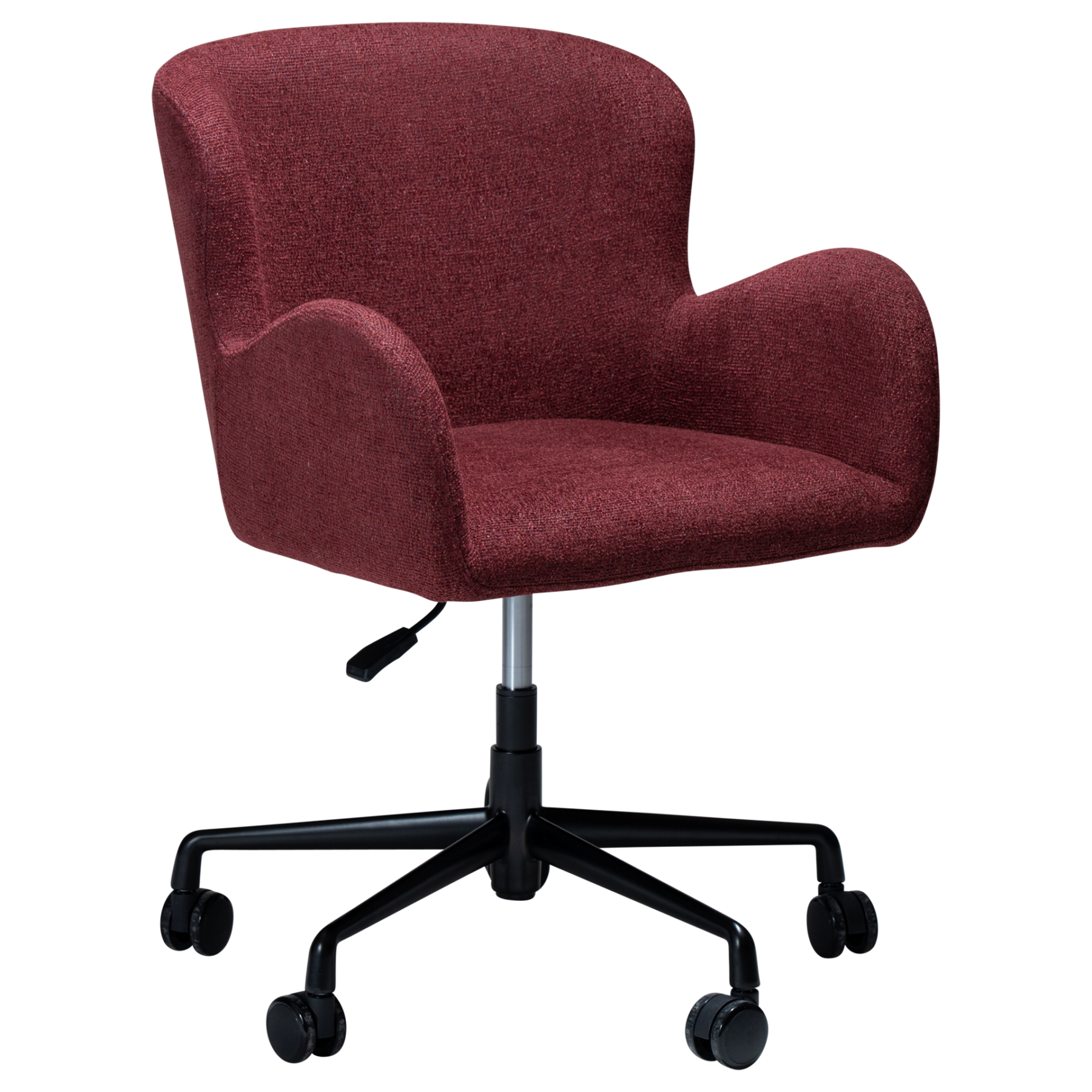 GLAM office armchair upholstered in Merlot fabric with a height-adjustable swivel base, castors, and sculptural curved design.