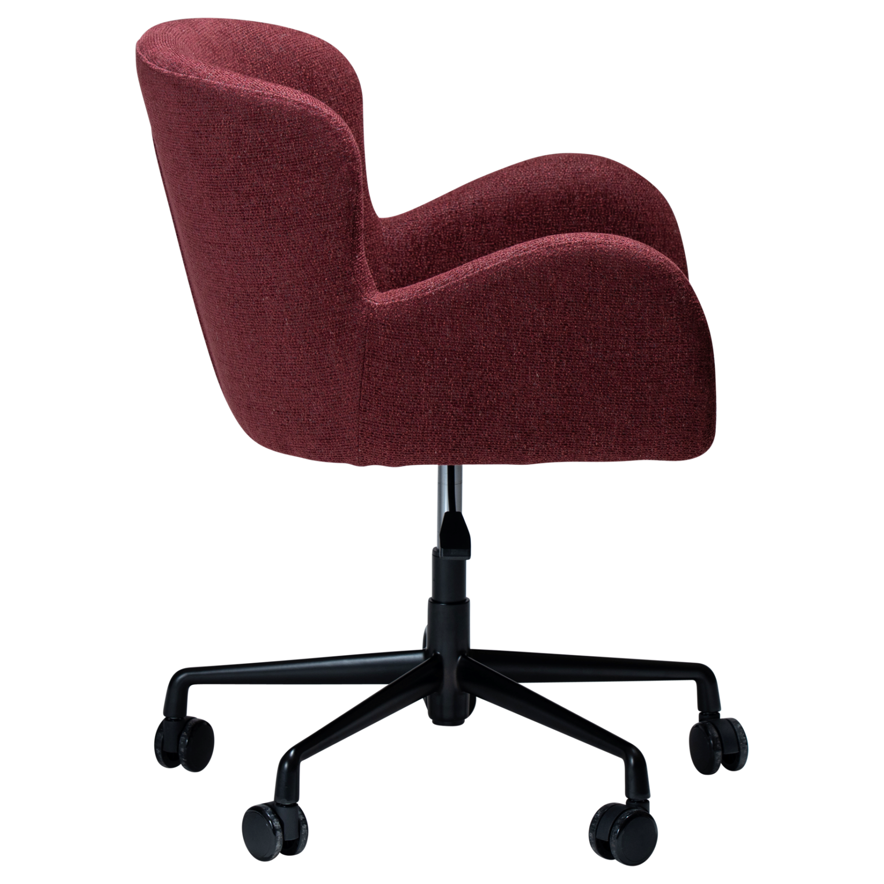 GLAM office armchair upholstered in Merlot fabric with a height-adjustable swivel base, castors, and sculptural curved design.
