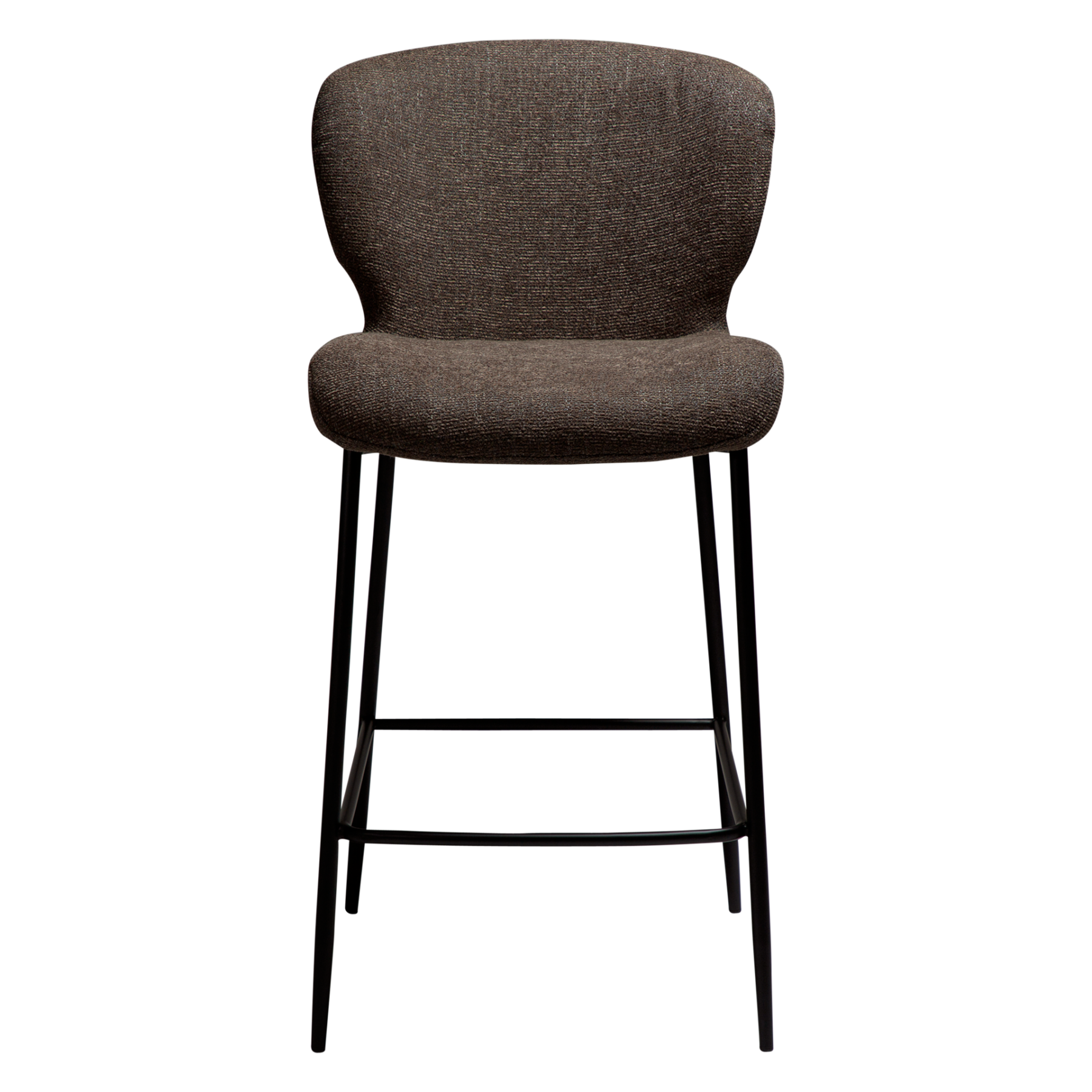 glory-counter-stool-major-brown-front GLORY counter stool upholstered in Major Brown fabric with a curved backrest and contemporary design for kitchen islands and breakfast bars.