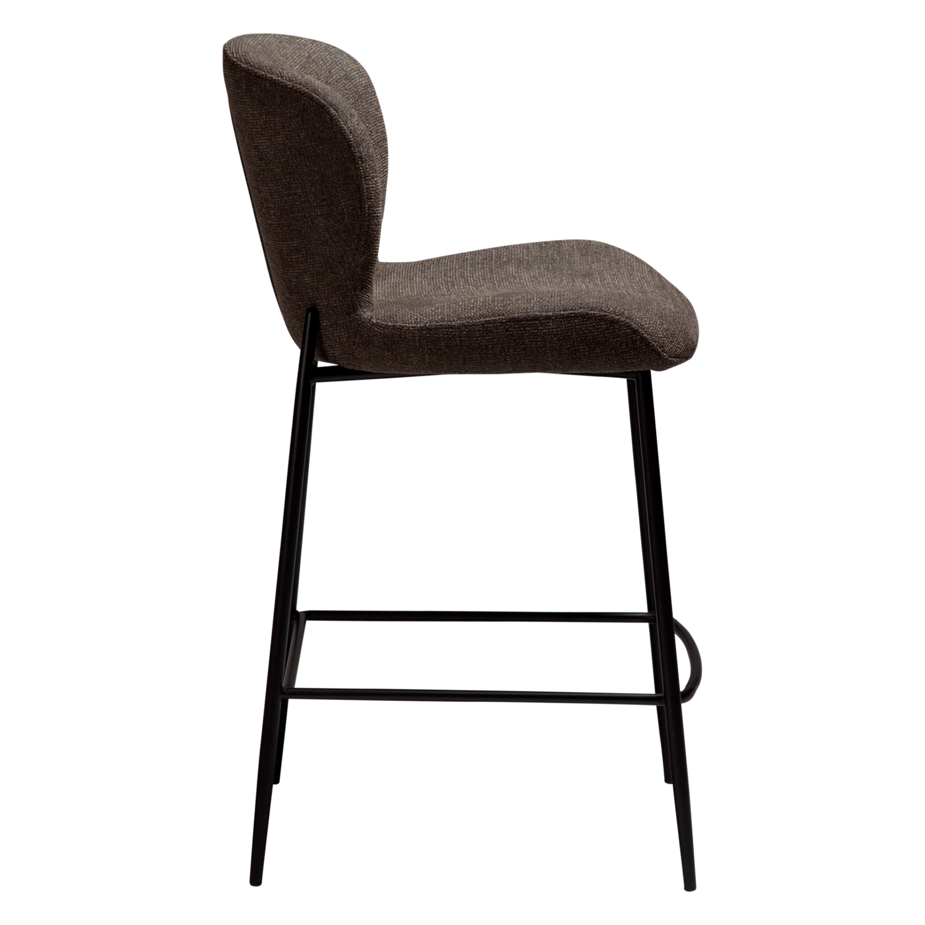 glory-counter-stool-major-brown-side GLORY counter stool upholstered in Major Brown fabric with a curved backrest and contemporary design for kitchen islands and breakfast bars.